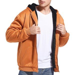Men Orange Full Zip Up Fleece Warm Thick Coats Heavyweight Sweatershirts